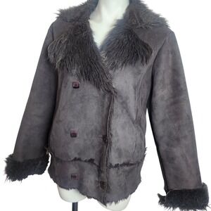 Y2k Penny Lane Faux Fur trimmed coat Dark Brown XL Retro Bohemian